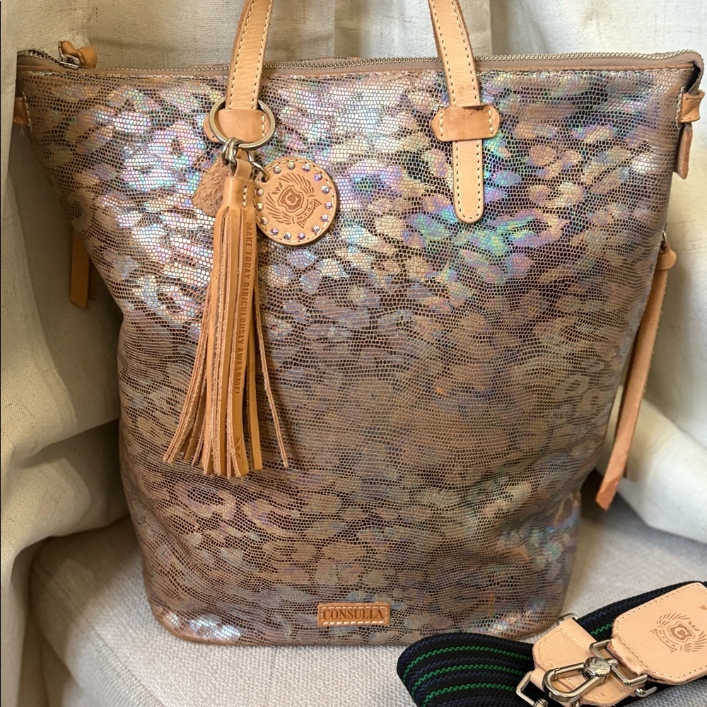 Consuela Iris Sling Bag Iridescent Leopard Print Tote in Tan EUC - Picture 3 of 7
